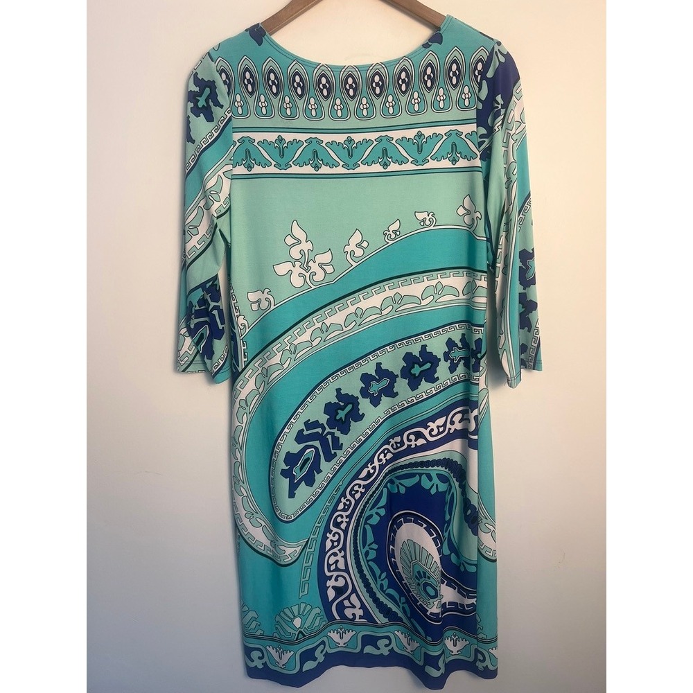 Peck & Peck Med Blue Turquoise Paisley Print 3/4 Sleeve Sheath Dress Artsy